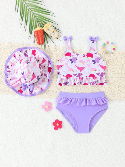 Bikini estampado y liso para bebé niña con falda y sombrero, adorable
