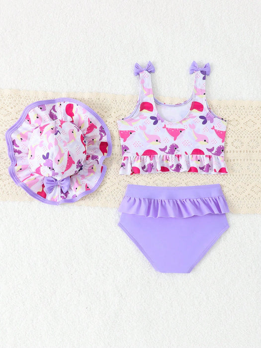 Bikini estampado y liso para bebé niña con falda y sombrero, adorable