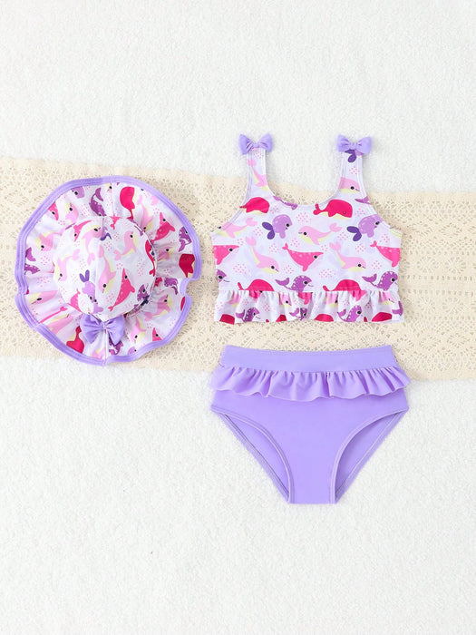 Bikini estampado y liso para bebé niña con falda y sombrero, adorable