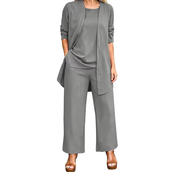 Conjunto de cárdigan de manga larga con frente abierto, pantalón y camiseta para mujer