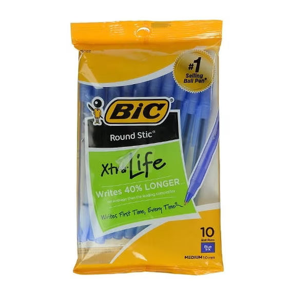 Bolígrafo Bic Round Stic Xtra Life de punta mediana, tinta azul, 10 unidades