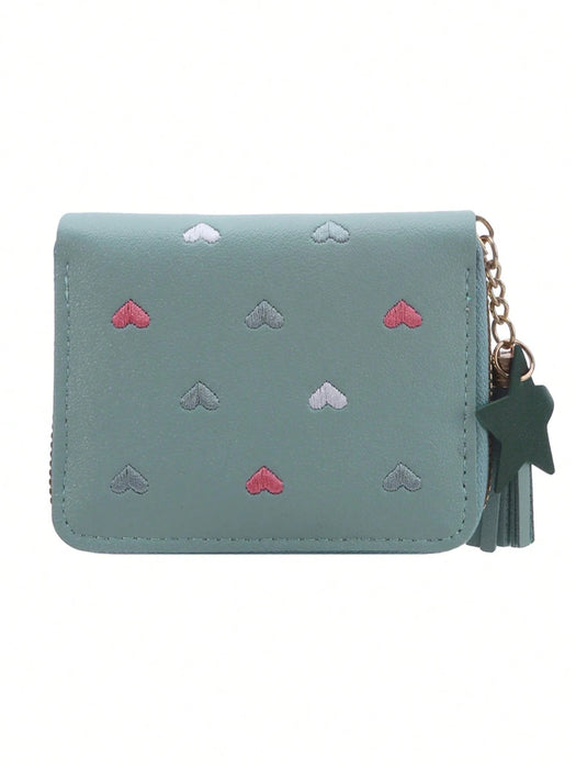 Billetera Corta De PU Para Mujer Con Mini Adornos De Borlas, Monedero Para Tarjetas