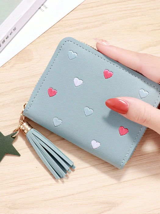 Billetera Corta De PU Para Mujer Con Mini Adornos De Borlas, Monedero Para Tarjetas