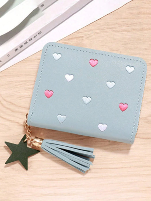 Billetera Corta De PU Para Mujer Con Mini Adornos De Borlas, Monedero Para Tarjetas