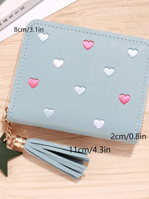 Billetera Corta De PU Para Mujer Con Mini Adornos De Borlas, Monedero Para Tarjetas