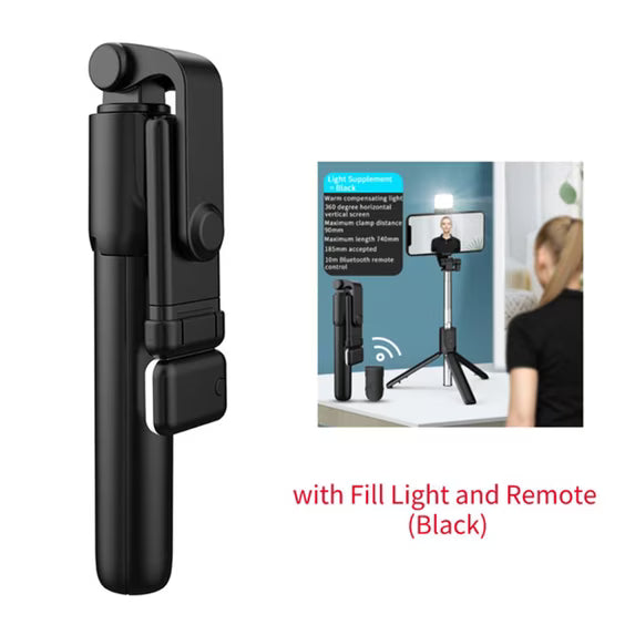 Trípode con palo selfie Bluetooth, control remoto inalámbrico desmontable y luz LED ajustable