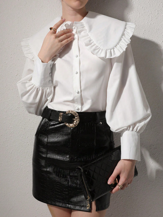 SHEIN Blusa de manga larga elegante para mujer con cuello Peter Pan