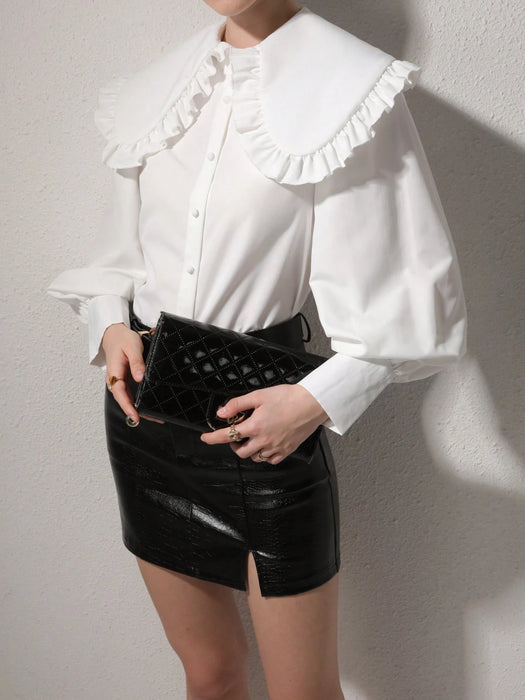 SHEIN Blusa de manga larga elegante para mujer con cuello Peter Pan