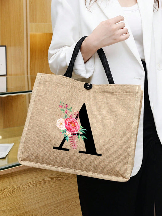 SHEIN Bolso de mano con flor de lino y letra personalizada,  para mujeres