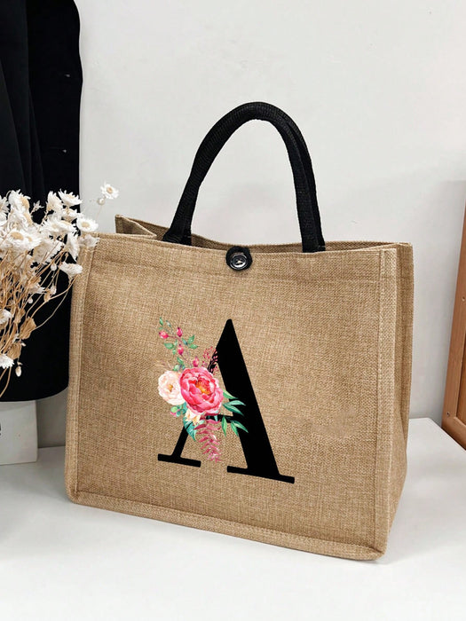 SHEIN Bolso de mano con flor de lino y letra personalizada,  para mujeres