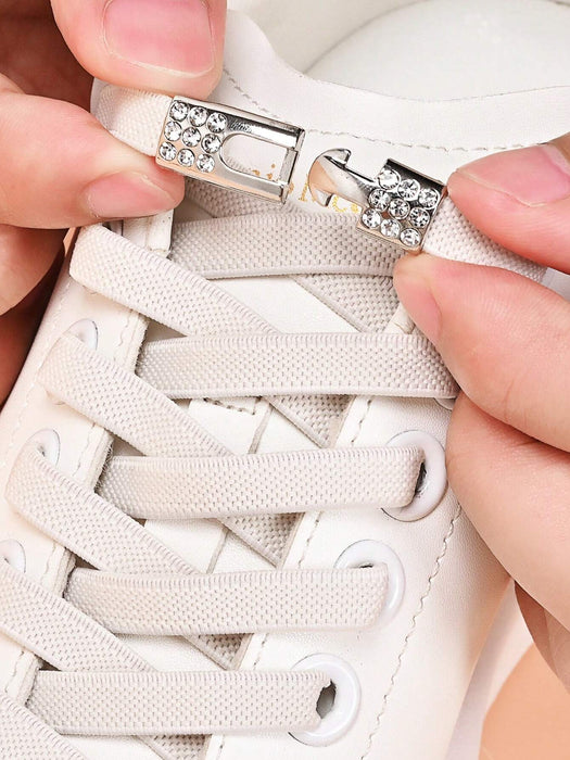 1 par de cordones elásticos planos anchos sin nudo con hebilla de diamante artificial