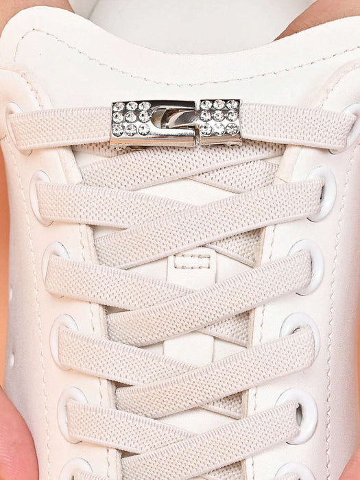 1 par de cordones elásticos planos anchos sin nudo con hebilla de diamante artificial