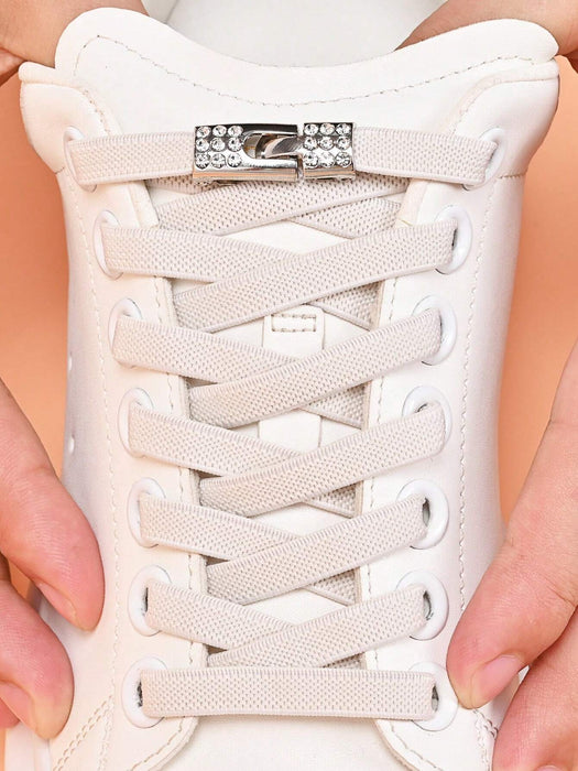 1 par de cordones elásticos planos anchos sin nudo con hebilla de diamante artificial