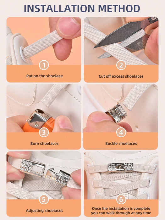 1 par de cordones elásticos planos anchos sin nudo con hebilla de diamante artificial