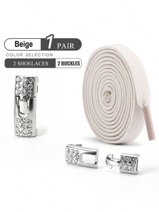 1 par de cordones elásticos planos anchos sin nudo con hebilla de diamante artificial