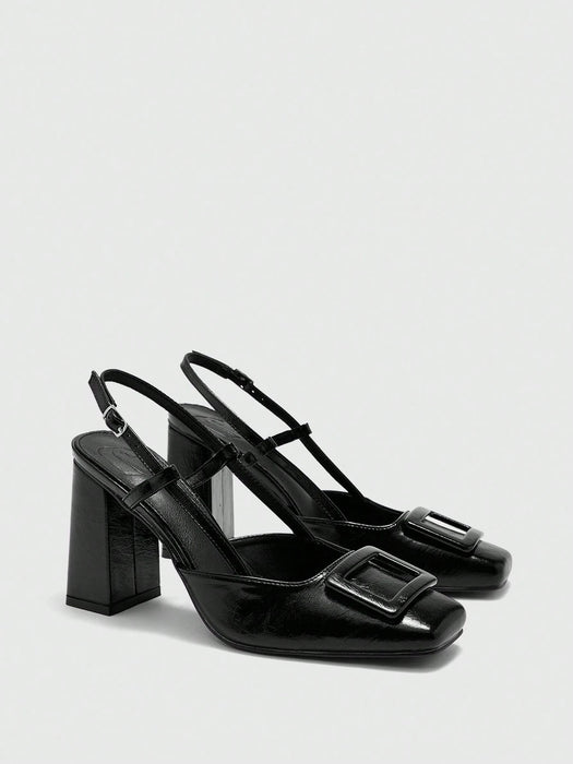 SHEIN CUCCOO BIZCHIC Bombas de cuero sintético marrón con tacón grueso