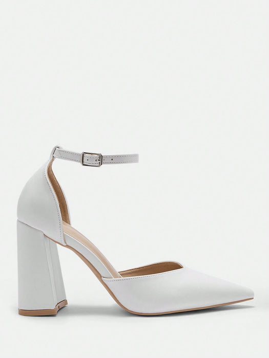 SHEIN CUCCOO BIZCHIC Zapatos de tacón alto blancos con punta en V y tira al tobillo