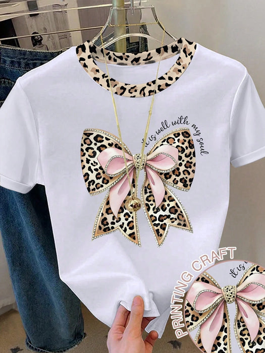 SHEIN Camiseta de cuello redondo de manga corta con estampado de lazo rosa