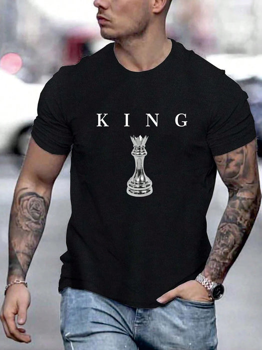 Camiseta de manga corta casual para hombres con estampado de letras de ajedrez