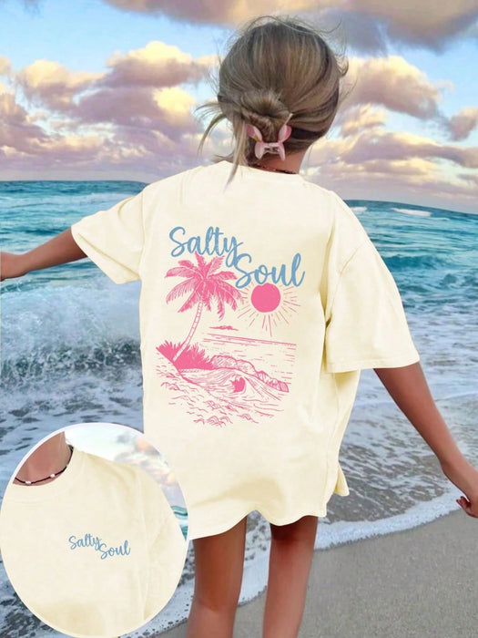 SHEIN Camiseta de manga corta, estampado tropical para niñas preadolescente