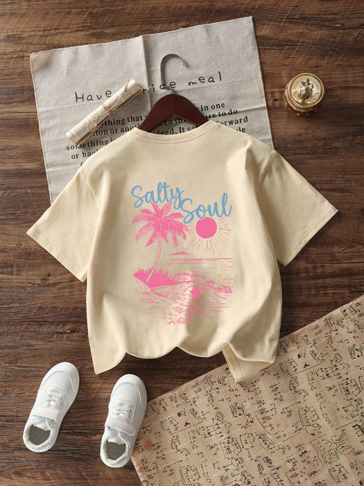 SHEIN Camiseta de manga corta, estampado tropical para niñas preadolescente