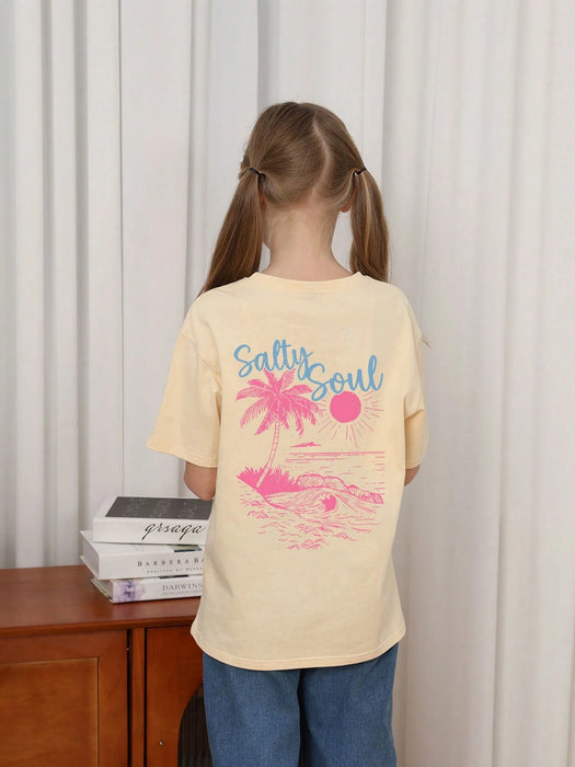 SHEIN Camiseta de manga corta, estampado tropical para niñas preadolescente
