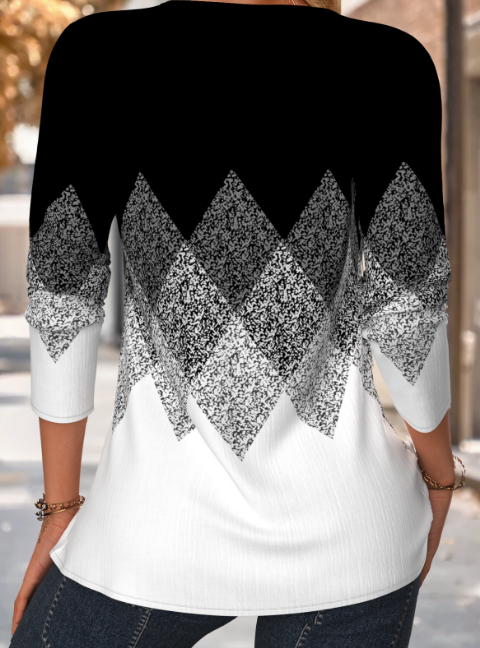 MODLILY Blusa negra de manga larga con estampado geométrico y pespuntes