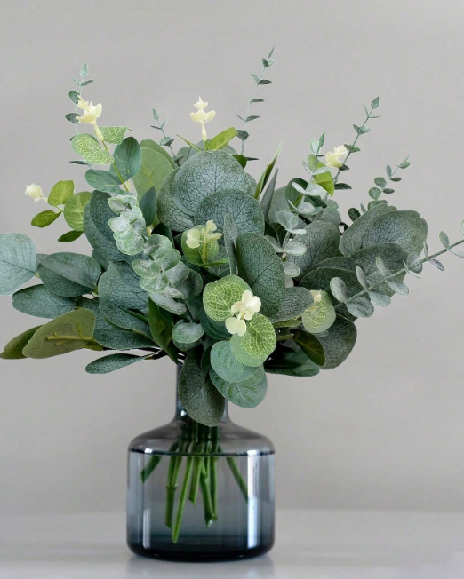 Shein 3pcs de tallos de hojas de eucalipto con frutos, plantas verdes artificiales