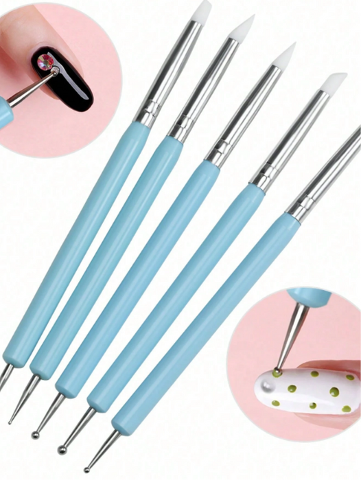 Shein Juego de 5 bolígrafos de silicona de doble punta para decoración de uñas para esculpir flores en 3D