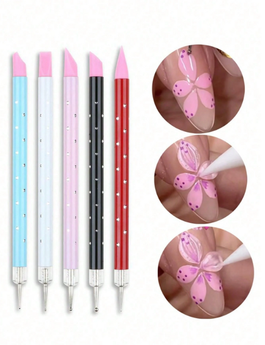 Shein Juego de 5 bolígrafos de silicona de doble punta para decoración de uñas para esculpir flores en 3D