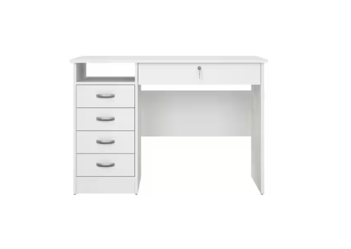 Escritorio rectangular blanco de 43 pulgadas con 5 cajones y cerradura.