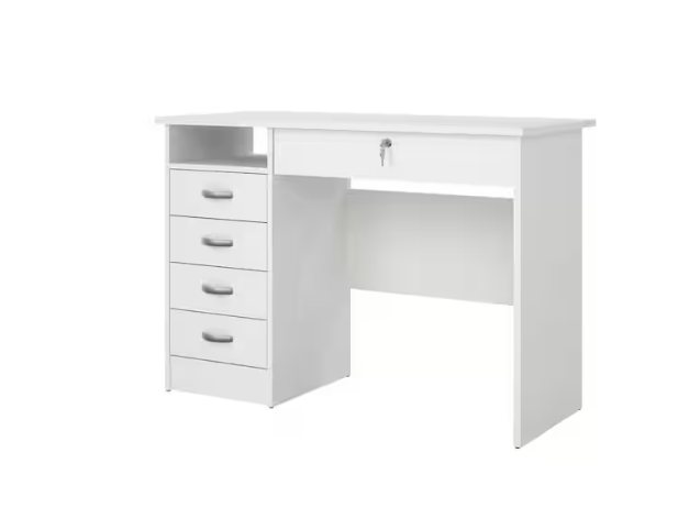 Escritorio rectangular blanco de 43 pulgadas con 5 cajones y cerradura.