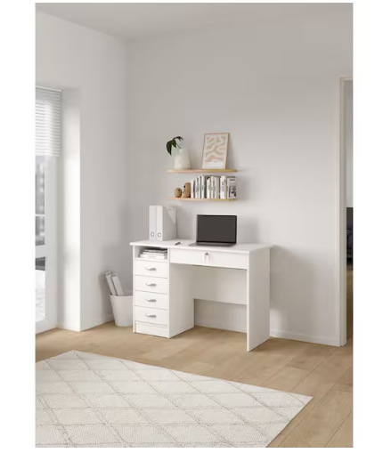 Escritorio rectangular blanco de 43 pulgadas con 5 cajones y cerradura.
