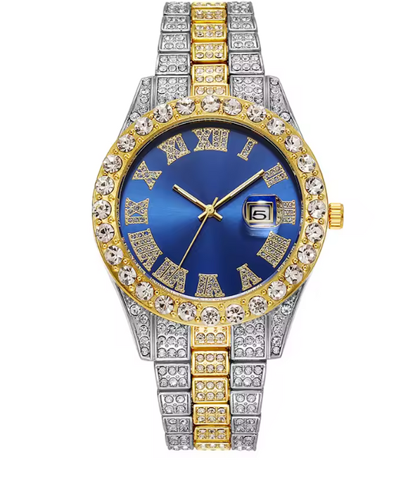 Reloj de lujo para hombre, reloj clásico dorado con correa de acero y diamantes de imitación romanos