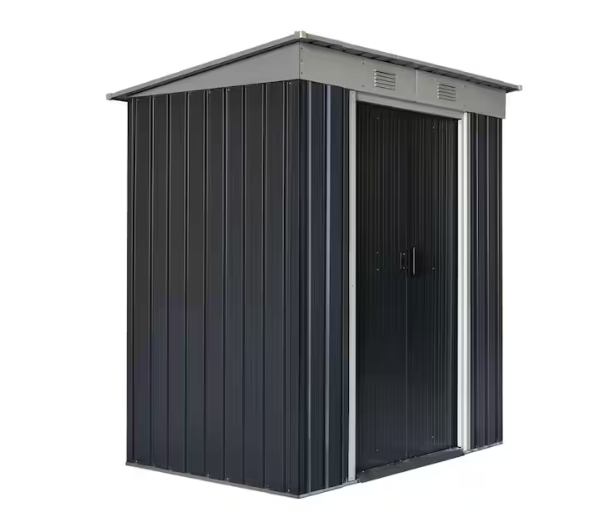 Juego de almacenamiento de herramientas de jardín negro con puerta con cerradura y rejillas de ventilación.