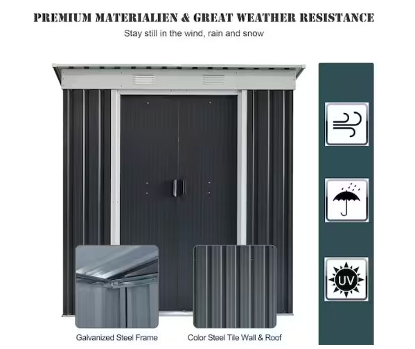 Juego de almacenamiento de herramientas de jardín negro con puerta con cerradura y rejillas de ventilación.