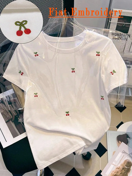 SHEIN Camiseta ajustada informal con diseño de bordado de cerezas para mujer, verano