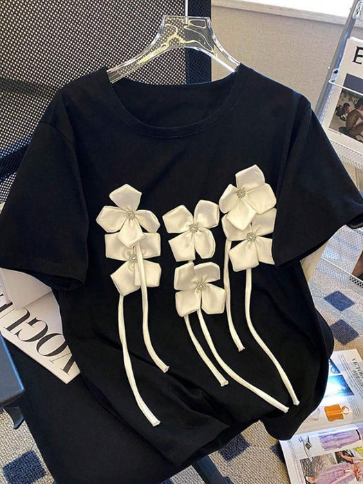 SHEIN Chiquease Camiseta casual de manga corta para mujer con flor estéreo
