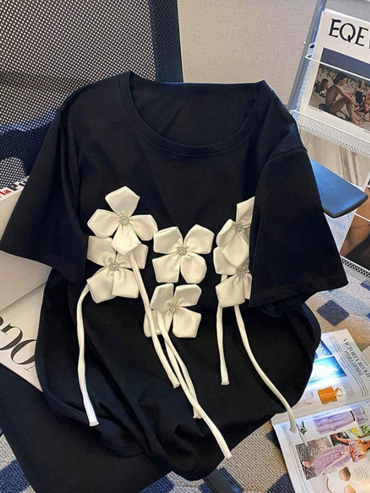 SHEIN Chiquease Camiseta casual de manga corta para mujer con flor estéreo