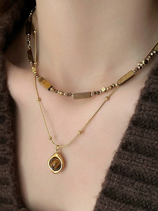 1pcs Cadena con colgante de piedra de ojo de tigre con diseño de capas para mujeres