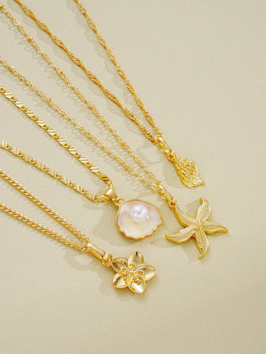 SHEIN Conjunto de 4 piezas de collar colgante con elementos de concha, estrella de mar y flor de perla