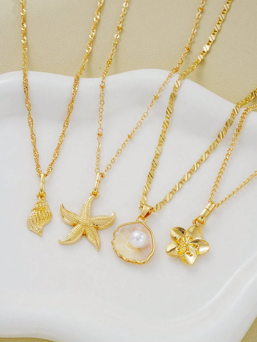 SHEIN Conjunto de 4 piezas de collar colgante con elementos de concha, estrella de mar y flor de perla