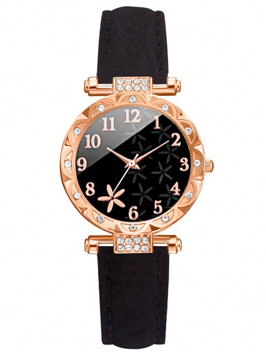 SHEIN Conjunto de 6pcs de reloj de cuarzo de piel sintética a juego con pulseras de moda para mujer