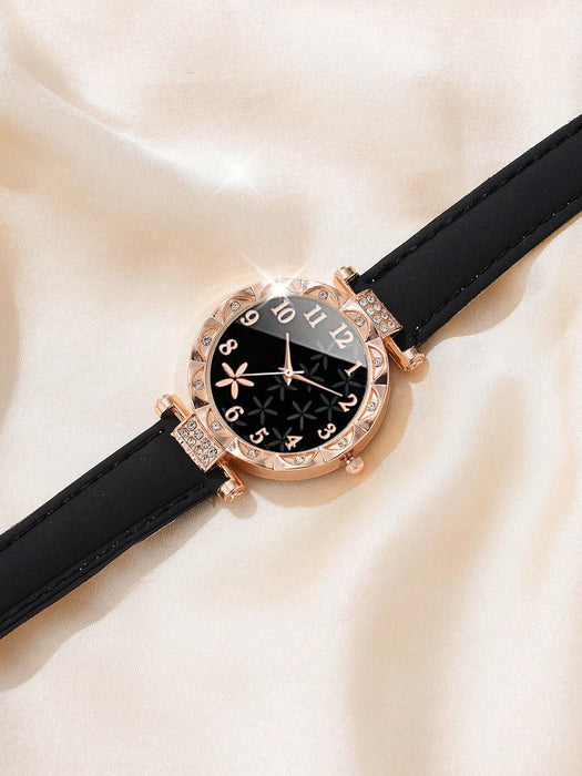 SHEIN Conjunto de 6pcs de reloj de cuarzo de piel sintética a juego con pulseras de moda para mujer