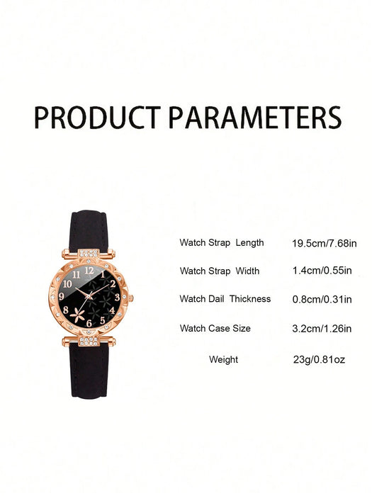 SHEIN Conjunto de 6pcs de reloj de cuarzo de piel sintética a juego con pulseras de moda para mujer