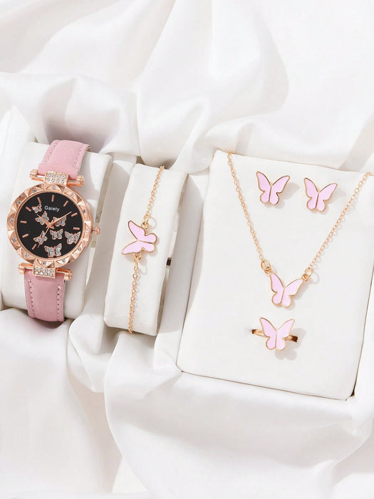 Conjunto de 6pcs de reloj de pulsera de cuarzo con correa, collar de mariposa, pulsera, anillo y pendientes
