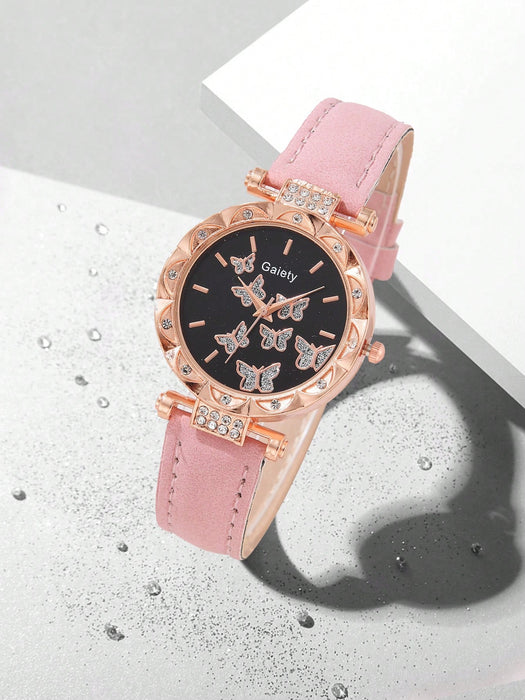 Conjunto de 6pcs de reloj de pulsera de cuarzo con correa, collar de mariposa, pulsera, anillo y pendientes