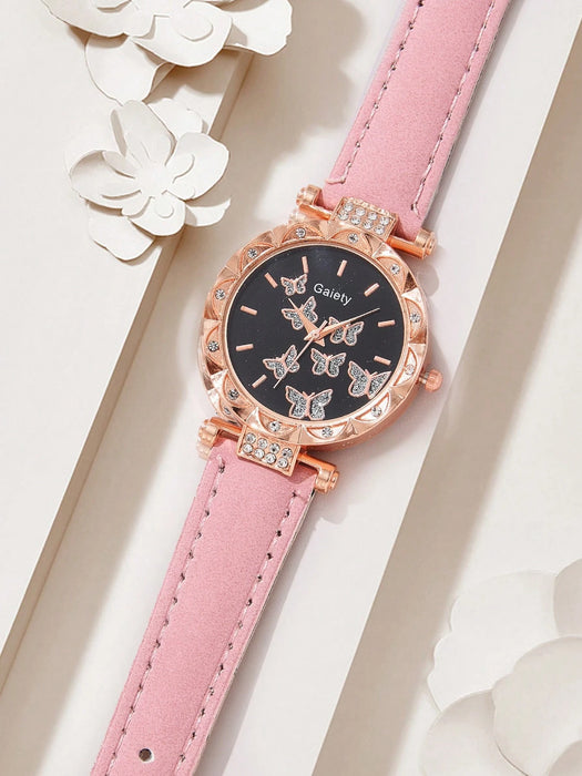 Conjunto de 6pcs de reloj de pulsera de cuarzo con correa, collar de mariposa, pulsera, anillo y pendientes