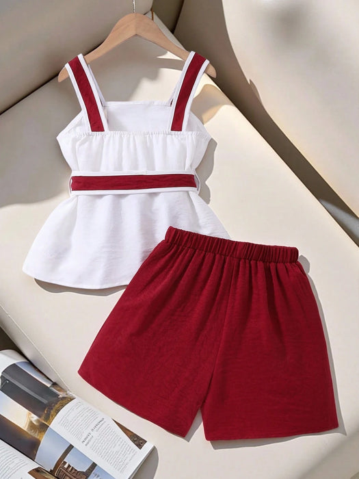 SHEIN Conjunto de camisetas para niñas , top de tirantes combinado con shorts