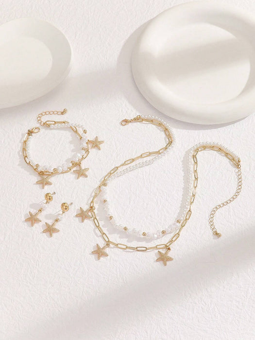 Jugego de 4pcs de collar, brazaletes y aretes de perlas falsas en forma de estrella